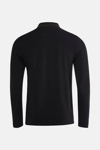 Polo noir à longues manches de Guess, vue arrière avec des détails rayés sur la patte d'épaule.
