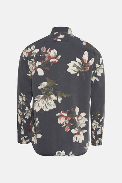 Chemise grise à longues manches de Guess, avec un motif floral sur toute la surface, vue de l'arrière.
