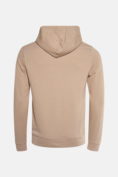 Beige sweater met kap van Guess, rugzijde getoond, met lange mouwen en een effen patroon.