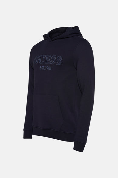 Sweat-shirt bleu avec capuche de Guess, avec 'Guess Est. 1981' en relief et poche avant.