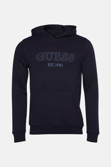 Sweat-shirt bleu avec capuche de Guess avec le logo et l'année 'EST. 1981' sur la devanture.