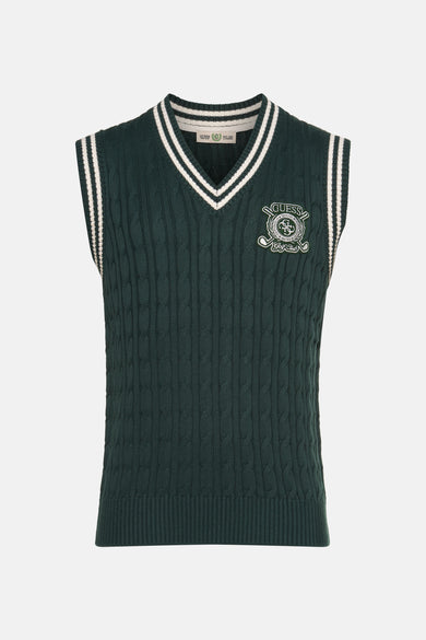 Groene debardeur van Guess met kabelpatroon, V-hals met witte strepen en een geborduurd logo.
