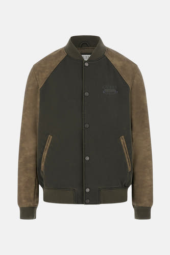 Kaki korte jas van Guess, met bruine mouwen en knoopsluiting.