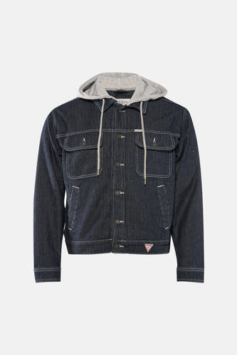 Donkerblauwe jeansjas van Guess, met een grijze capuchon en verticale strepen.