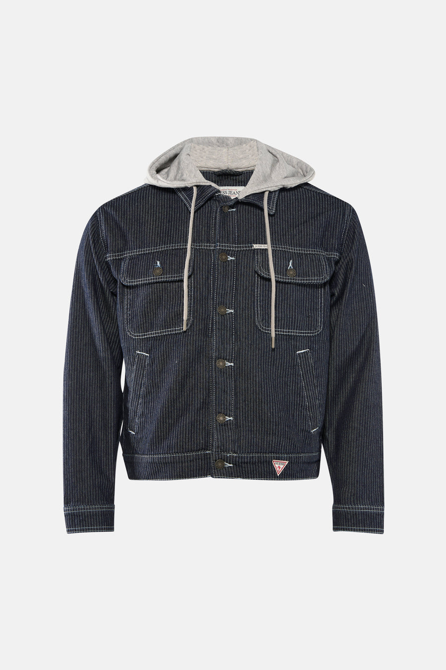 Donkerblauwe jeansjas van Guess, met een grijze capuchon en verticale strepen.