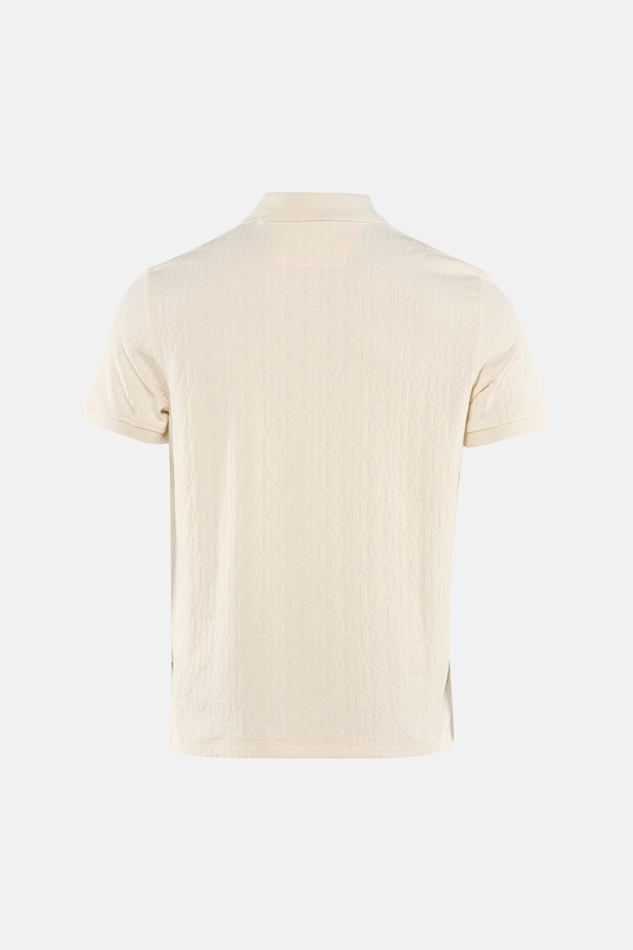 Bruine polo van Guess®, met een subtiele geometrische print en korte mouwen, gezien van achteren.
