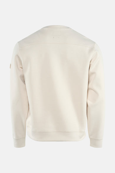 Beige sweater van Guess, gezien vanaf de achterkant met een effen textuur en ronde hals.

