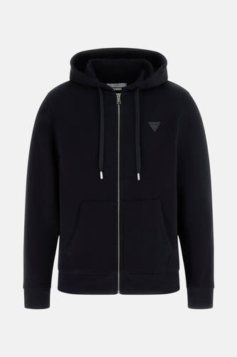 Zwarte sweater met rits van Guess, met capuchon, zakken en een subtiel logo op de borst.