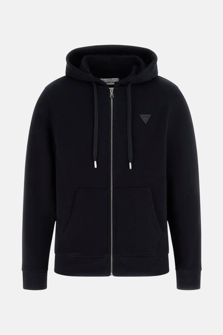 Veste noire de Guess avec capuche, longues manches et fermeture éclair.