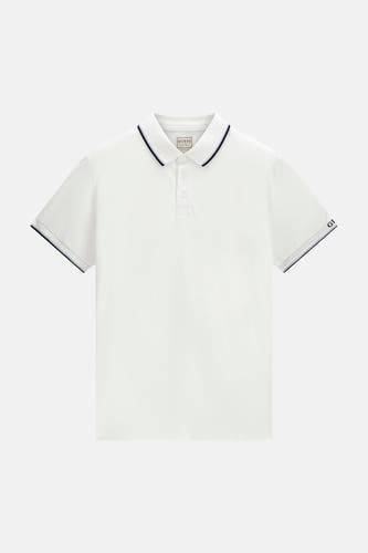 Witte polo met donkerblauwe bies aan kraag en mouwen, van Guess, front view, korte mouwen, knoopsluiting