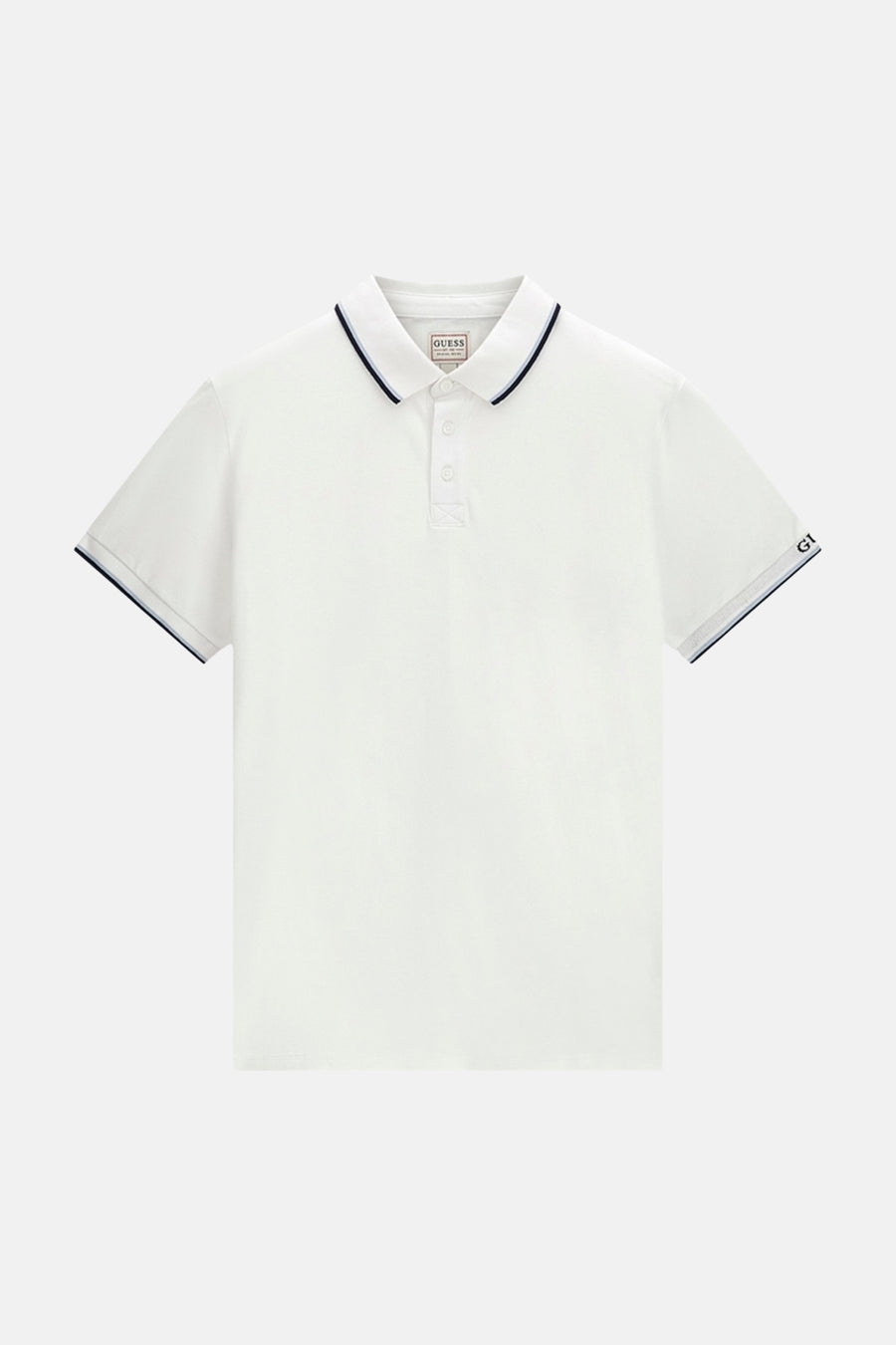 Witte polo met donkerblauwe bies aan kraag en mouwen, van Guess, front view, korte mouwen, knoopsluiting