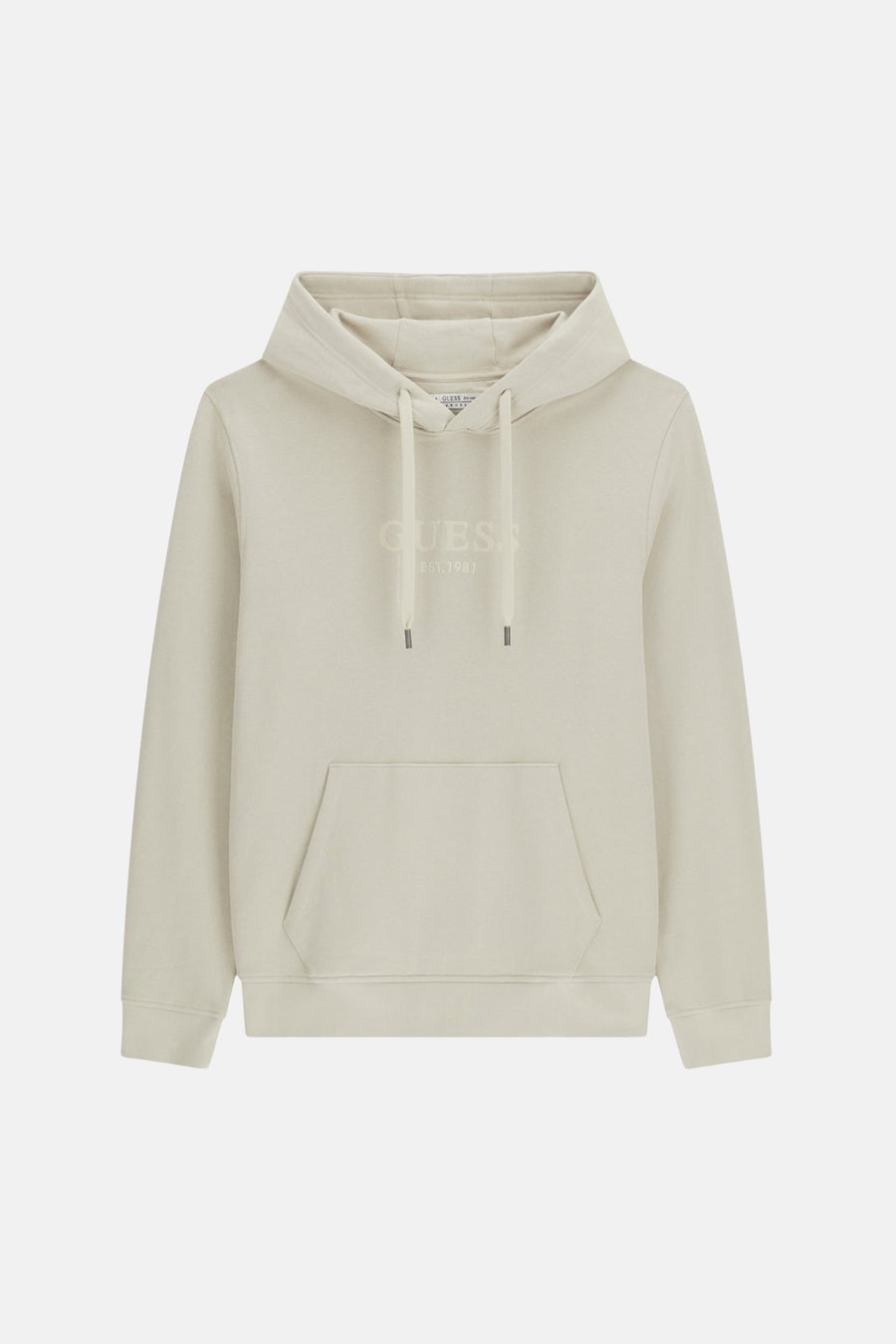 Beige hoodie met capuchon van Guess, voorzien van frontzak en subtiel logo op borst, front view