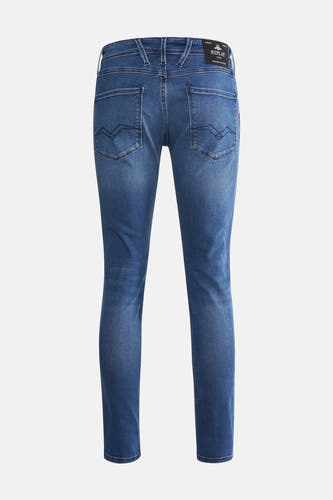 Slim fit jeans van blauw denim van Replay, met donkerblauwe stiksels op de achterzakken.