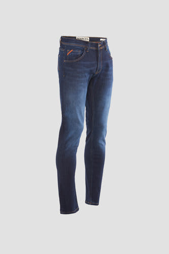 Jean slim fit bleu marine de Le Fabuleux Marcel de Bruxelles, avec des surpiqures contrastantes et un léger lavage.