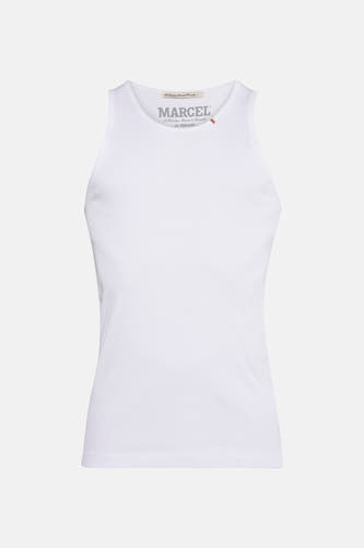 T-shirt blanc de Le Fabuleux Marcel de Bruxelles, avec une texture côtelée et un petit détail dans la ligne du col.