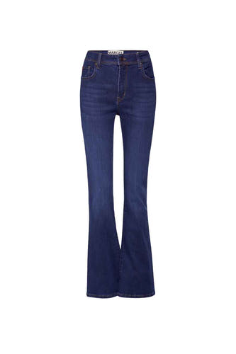 Jean bootcut bleu marine de Le Fabuleux Marcel de Bruxelles, en denim, avec des surpiqures jaunes.