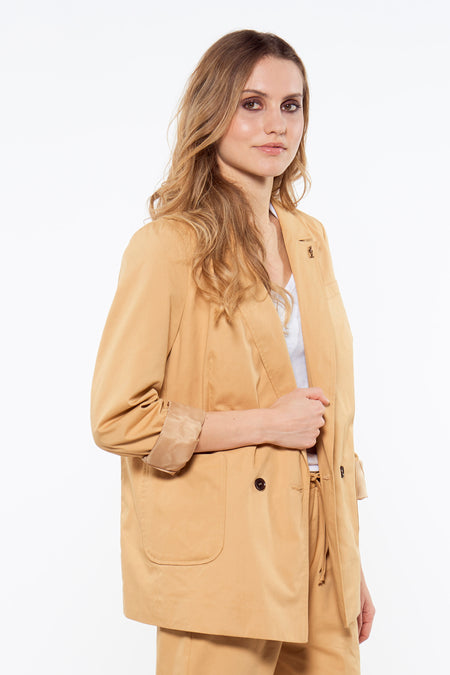 Bruine blazer van Le Fabuleux Marcel de Bruxelles, met knoopsluiting en opgestroopte mouwen.