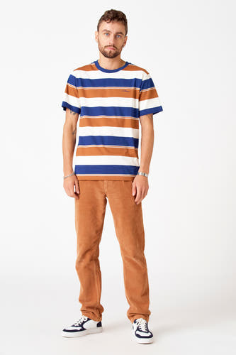 T-shirt multicolore à manches courtes de Le Fabuleux Marcel de Bruxelles, avec des rayures horizontales, porté avec un pantalon corduroy marron et des baskets blanches.