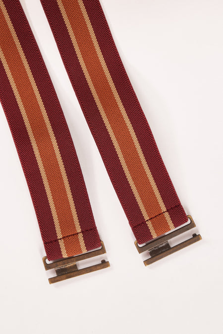 Multicolor riem van Le Fabuleux Marcel de Bruxelles, met bruin, oranje en beige strepen en metalen gesp.