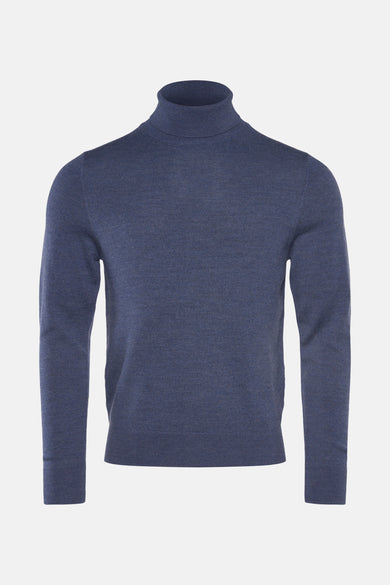 T-shirt bleu avec col montant de Le Fabuleux Marcel de Bruxelles, en un tissu tricoté fin.