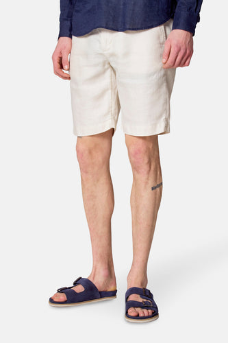 Man in blauw linnen shirt en beige linnen shorts, blauwe suède sandalen.