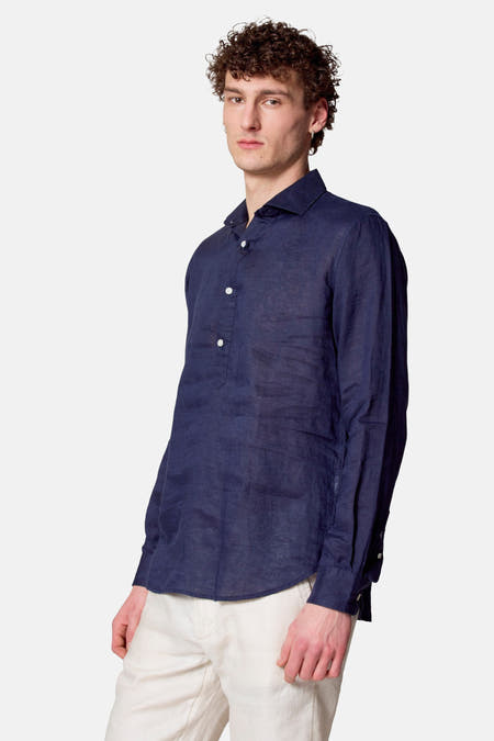 Blauw, linnen overhemd met lange mouwen van Le Fabuleux Marcel de Bruxelles, met een knoopsluiting.