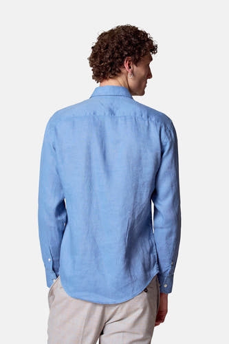 Blauw overhemd met lange mouwen van Le Fabuleux Marcel de Bruxelles, gezien van achteren, met een gekreukte textuur.