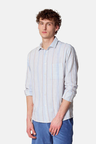 Blauw hemd met lange mouwen van Le Fabuleux Marcel de Bruxelles, met verticale strepen en borstzak.