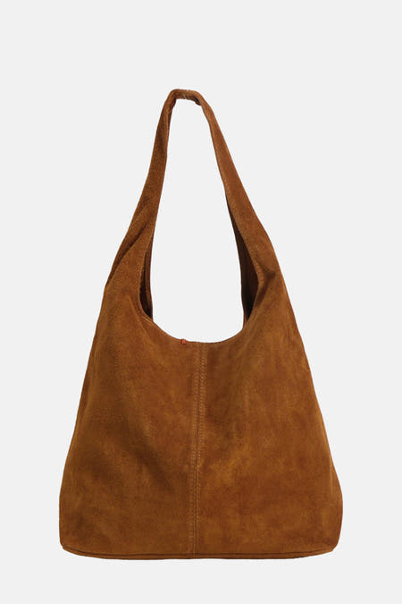 Bruine handtas van suède van Le Fabuleux Marcel de Bruxelles, met een minimalistisch ontwerp en een handvat.
