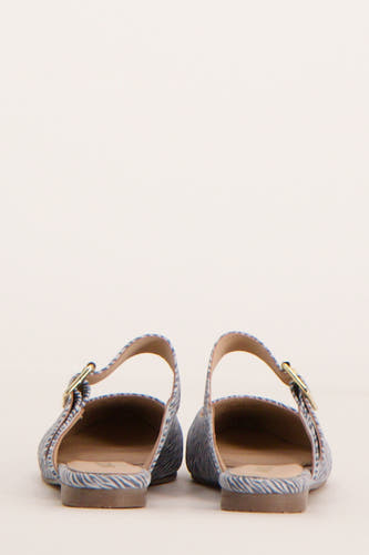 Bottines plates bleues de Le Fabuleux Marcel de Bruxelles, avec un motif zébré et une boucle dorée.