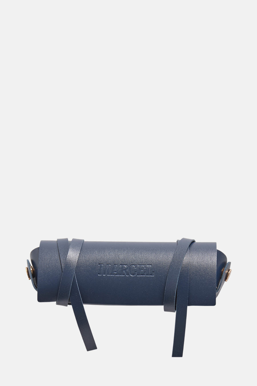 Blauwe zonnebril van Le Fabuleux Marcel de Bruxelles, met leren bandjes.
