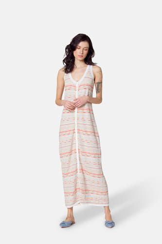 Drap multicolore sans manches de Le Fabuleux Marcel de Bruxelles, avec un motif rayé et une fermeture à boutons blancs.