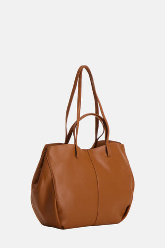 Bruine handtas van Le Fabuleux Marcel de Bruxelles, met lange handvatten en een gladde afwerking.