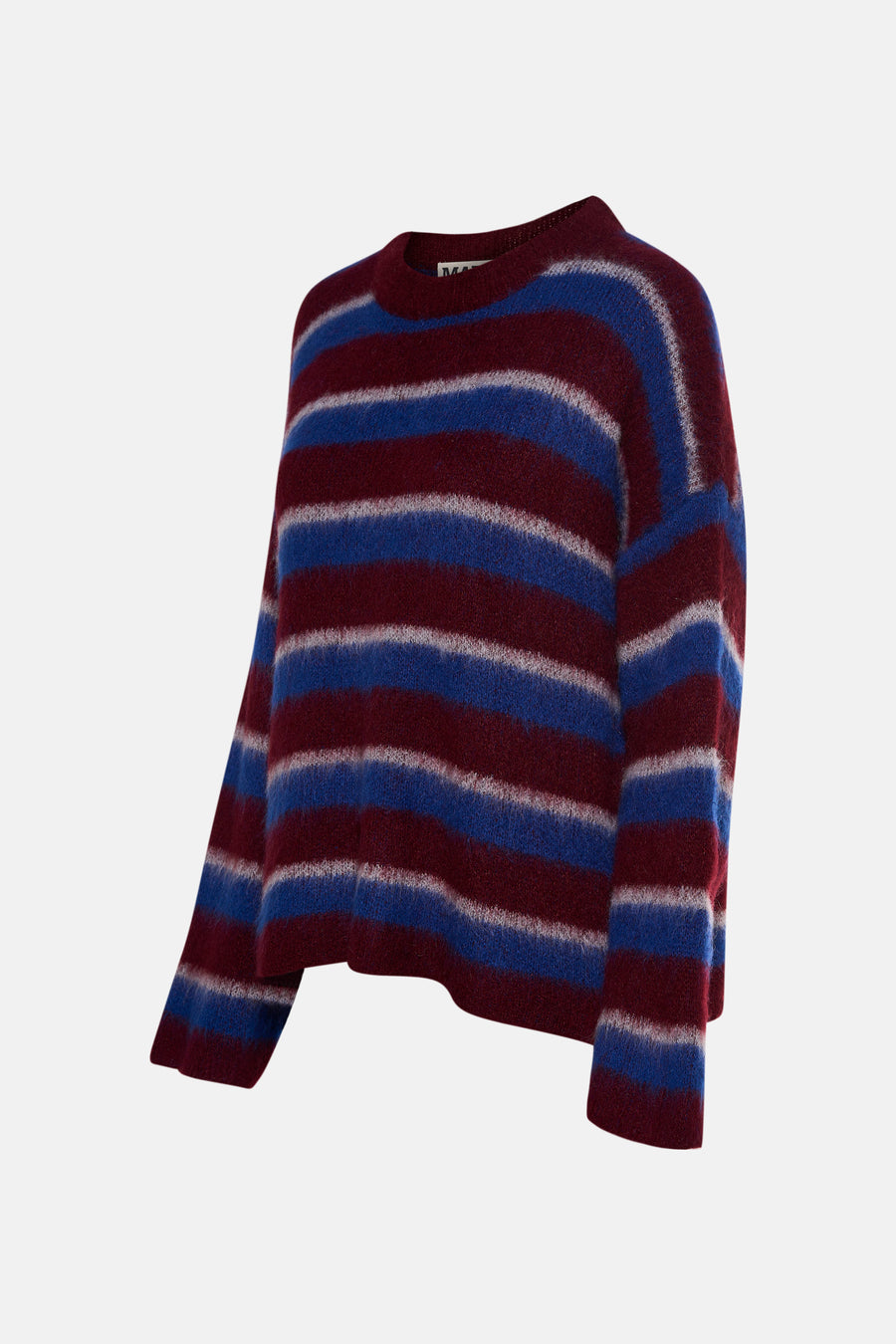 Gestreept gebreide trui, bordeauxrood en blauw.
