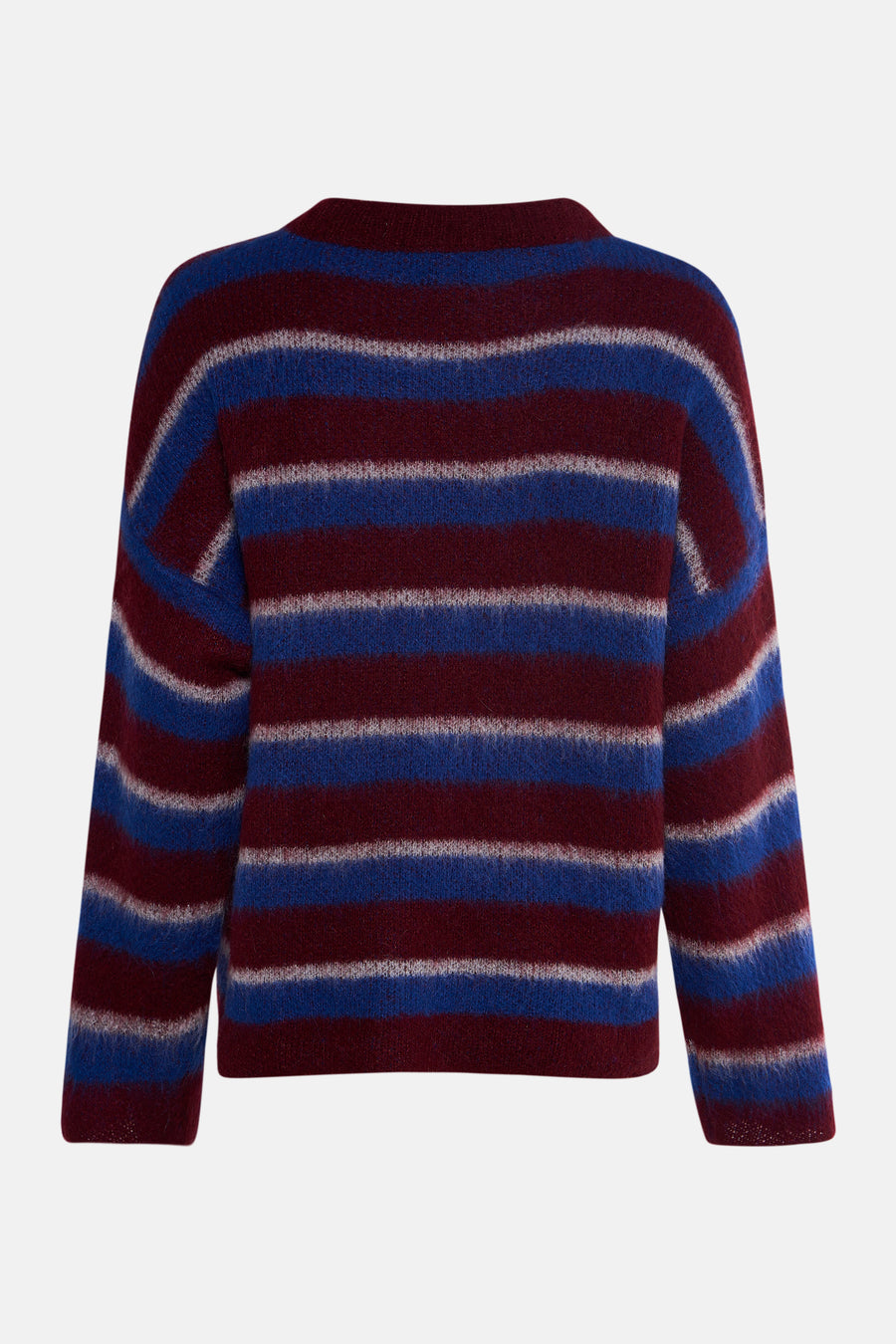 Gestreept gebreide trui in blauw en bordeauxrood.