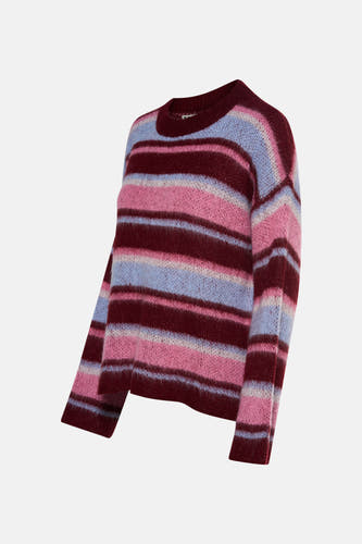Sweat-shirt multicolore avec col rond de Le Fabuleux Marcel de Bruxelles, avec des rayures horizontales en rose, bleu et bordeaux.