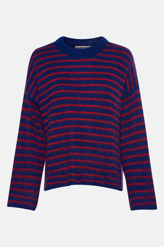 Gestreept, donkerblauw en rood, wollen trui.
