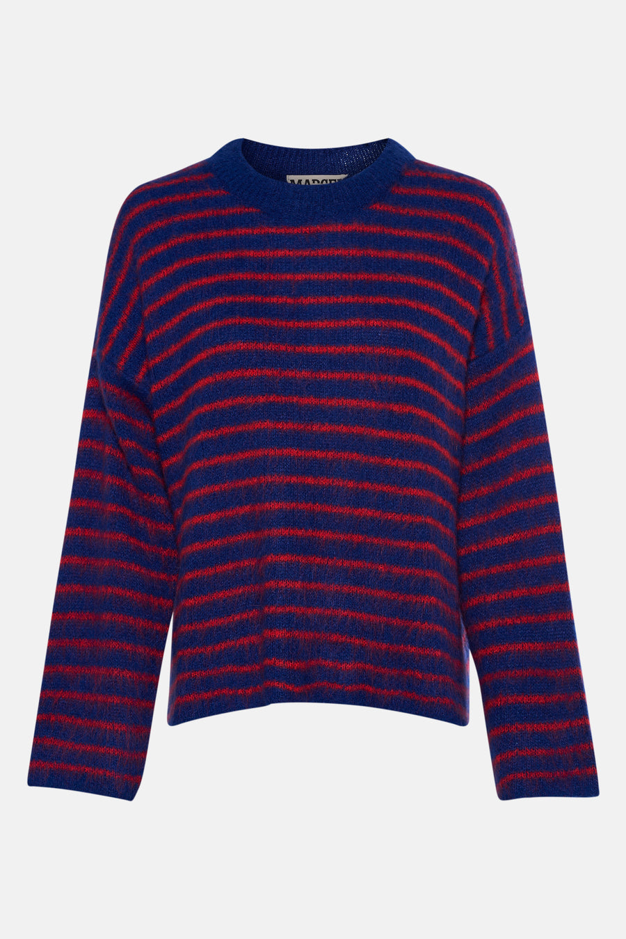 Gestreept, donkerblauw en rood, wollen trui.
