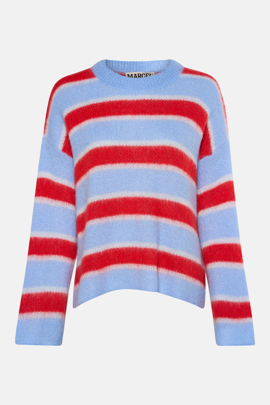 Blauw met rood gestreepte gebreide trui.