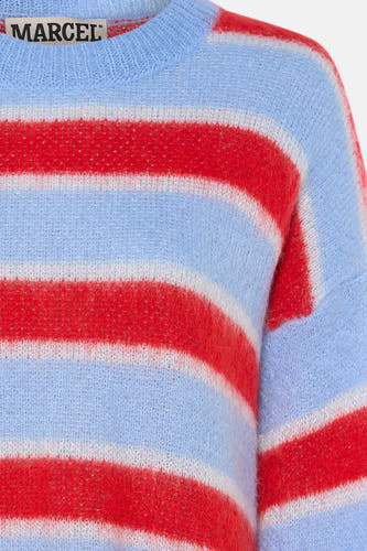 Sweat-shirt multicolore avec col rond de Le Fabuleux Marcel de Bruxelles, avec des rayures horizontales en rouge et bleu.