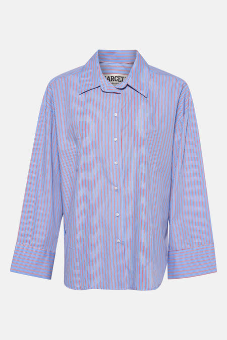 Chemise multicolore à longues manches de Le Fabuleux Marcel de Bruxelles, motif rayé et boutons sur les poignets.