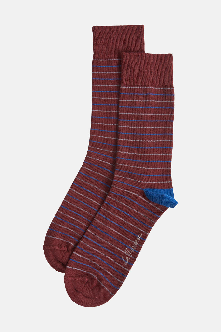 Chaussettes de Bordeaux de Le Fabuleux Marcel de Bruxelles avec des rayures horizontales bleues et grises et une pointe bleue.
