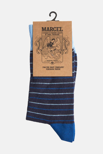 Chaussettes rayées bleues de Le Fabuleux Marcel de Bruxelles, avec un bord et des urs colorés.