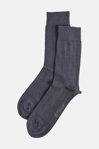 Chaussettes grises de Le Fabuleux Marcel de Bruxelles avec un motif à points et le nom du marque sur le côté.