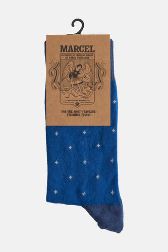 Chaussettes bleues de Le Fabuleux Marcel de Bruxelles, avec un motif subtil de clavier et une bordure bleu marine.