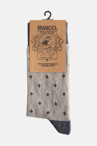 Grijze sokken van Le Fabuleux Marcel de Bruxelles, met marineblauwe accenten en ruitpatroon.
