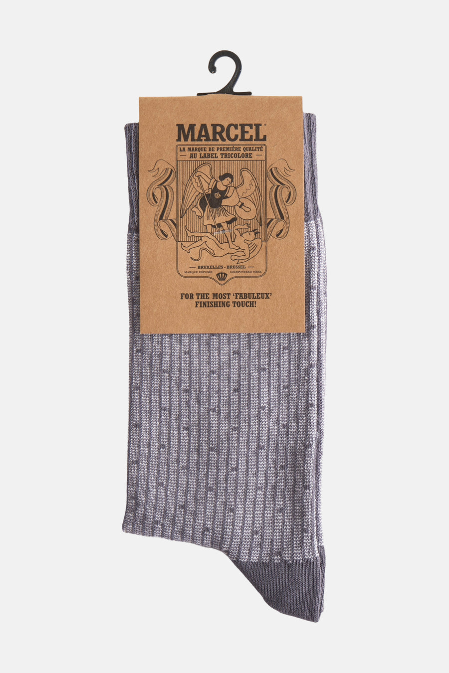 Grijze sokken van Le Fabuleux Marcel de Bruxelles, met een subtiel stippenpatroon en ribstructuur.
