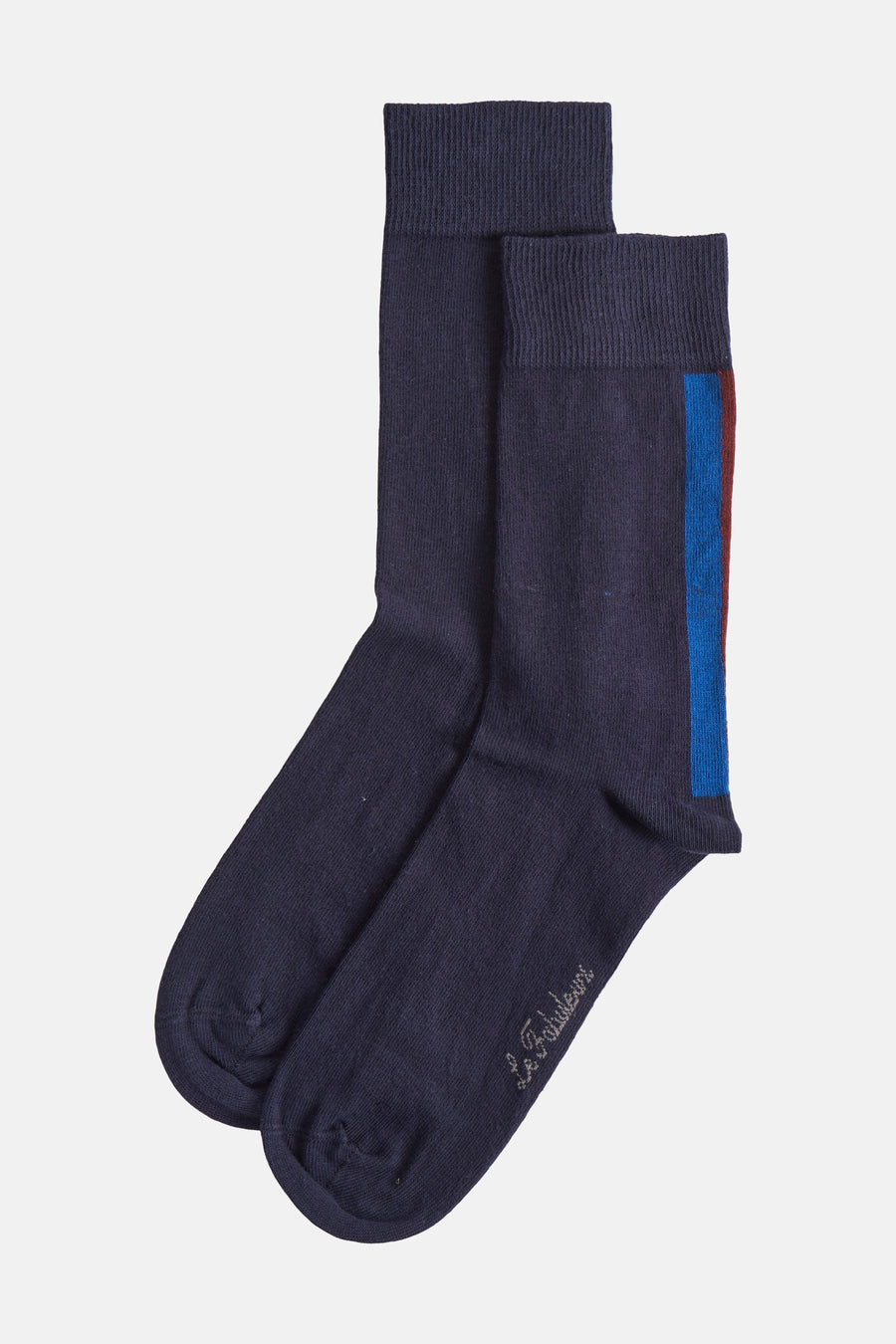 Blauwe sokken van Le Fabuleux Marcel de Bruxelles, met blauwe en bordeaux streepdetails.
