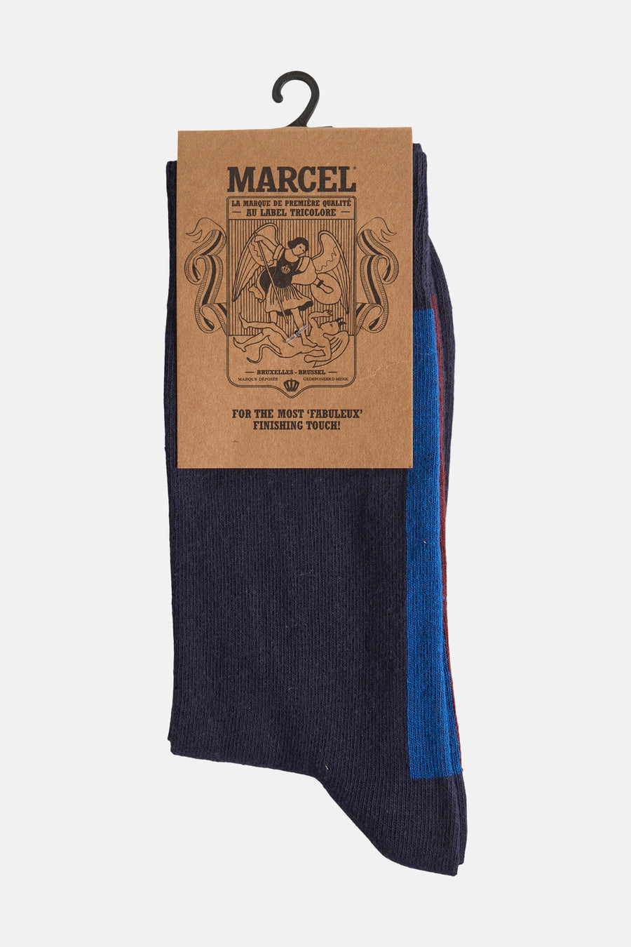 Blauwe sokken van Le Fabuleux Marcel de Bruxelles, met een blauwe en bordeaux streep bovenaan.

