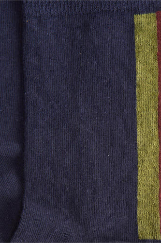 Chaussettes bleues de Le Fabuleux Marcel de Bruxelles avec un motif rayé en jaune et rouge.